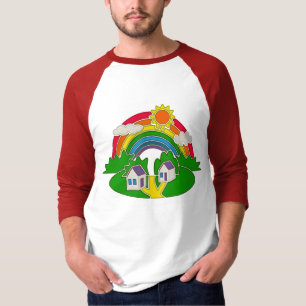 Cartoon Landschaft mit Regenbogen und Landhaus T-Shirt