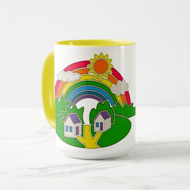 Cartoon Landschaft mit Regenbogen und Landhaus Tasse (Vorderseite Links)