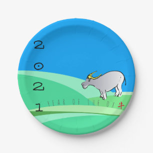 Cartoon Landschaft Ox Chinesisches Neujahr Zodiac  Pappteller