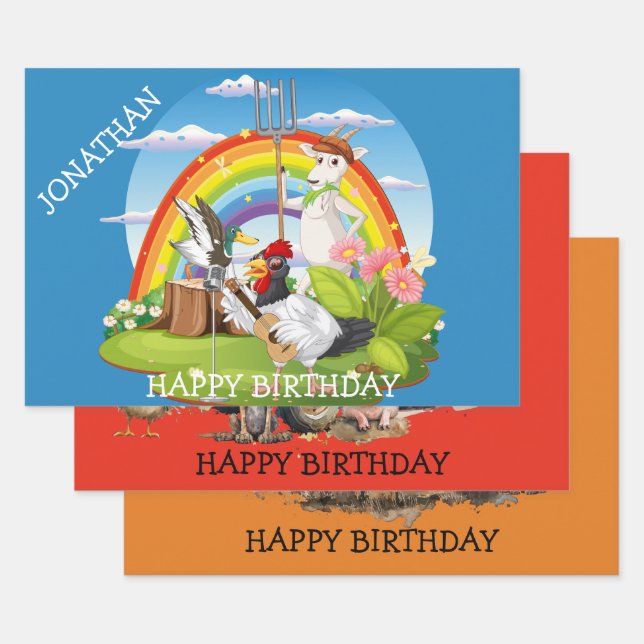 Cartoon Landtiere. Bearbeitbar x 3 Geschenkpapier Set (Set)