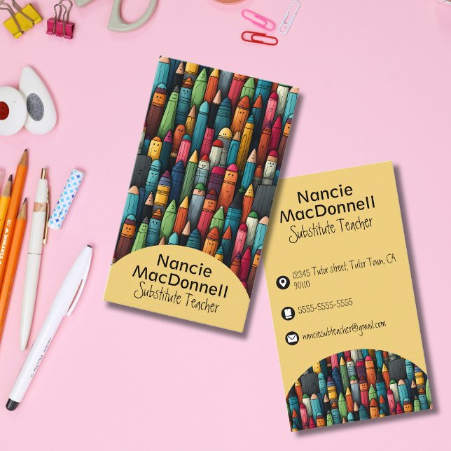 Cartoon Lehrerin Careon Pattern Visitenkarte (Colorful Teacher Tutoring Cartoon Crayon Pattern Business Card)