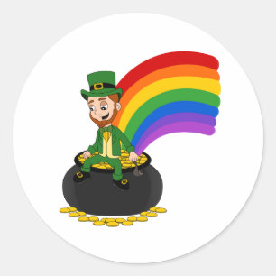 Cartoon leprechaun auf einem Topf aus Gold Runder Aufkleber