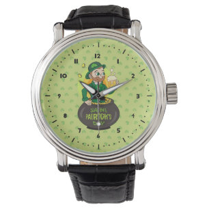 Cartoon leprechaun in einem Topf mit einem Pint Armbanduhr