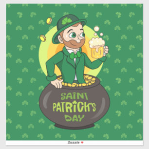Cartoon leprechaun in einem Topf mit einem Pint Aufkleber