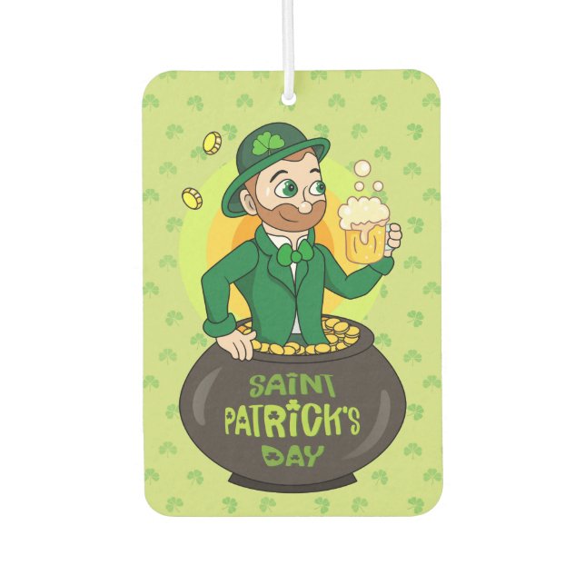 Cartoon leprechaun in einem Topf mit einem Pint Autolufterfrischer (Vorderseite)