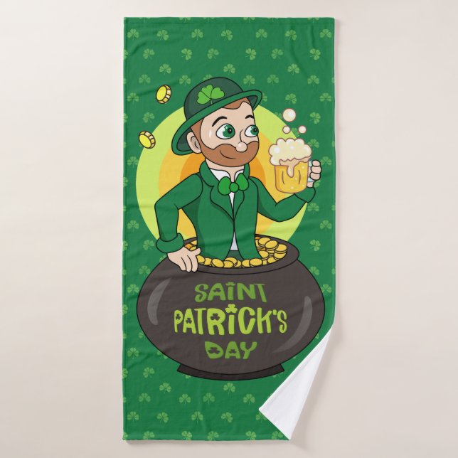 Cartoon leprechaun in einem Topf mit einem Pint Badehandtuch (Badehandtuch)