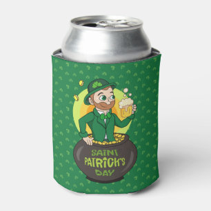 Cartoon leprechaun in einem Topf mit einem Pint Dosenkühler
