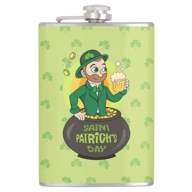 Cartoon leprechaun in einem Topf mit einem Pint Flachmann (Vorderseite)