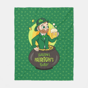 Cartoon leprechaun in einem Topf mit einem Pint Fleecedecke