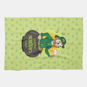 Cartoon leprechaun in einem Topf mit einem Pint Geschirrtuch
