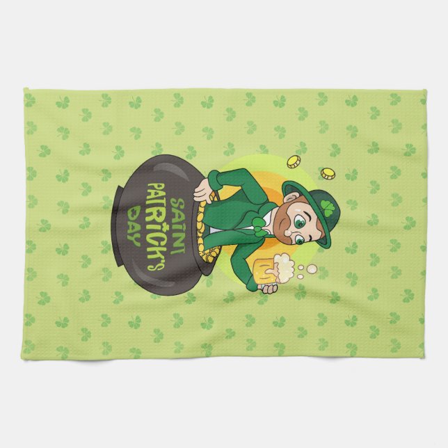 Cartoon leprechaun in einem Topf mit einem Pint Geschirrtuch (Horizontal)