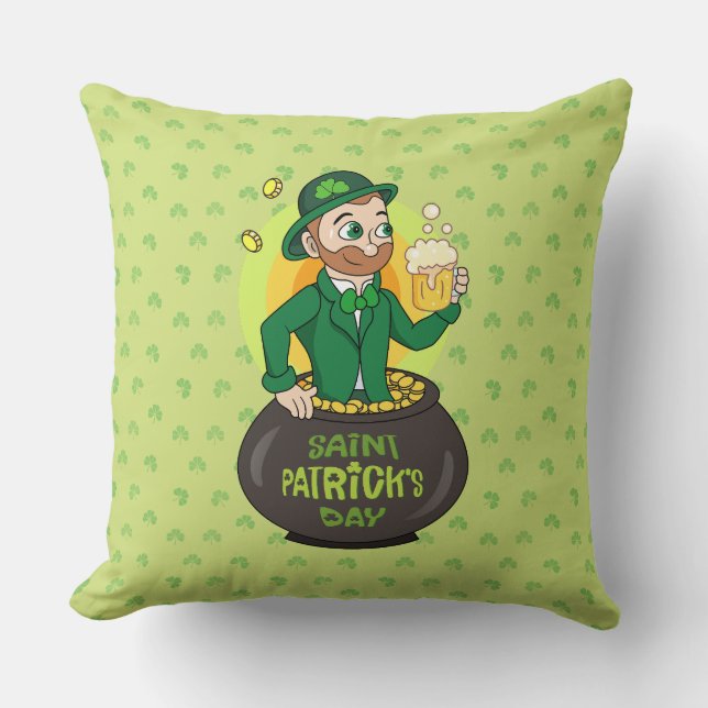 Cartoon leprechaun in einem Topf mit einem Pint Kissen (Vorderseite)