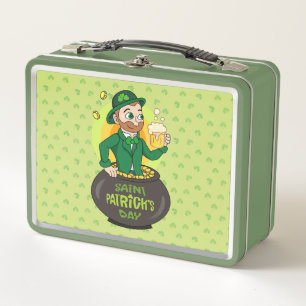 Cartoon leprechaun in einem Topf mit einem Pint Metall Brotdose