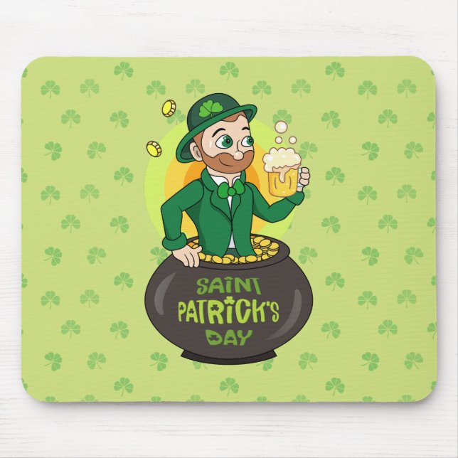 Cartoon leprechaun in einem Topf mit einem Pint Mousepad (Vorne)
