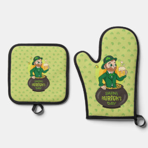 Cartoon leprechaun in einem Topf mit einem Pint Ofenhandschuh & Topflappen-Set