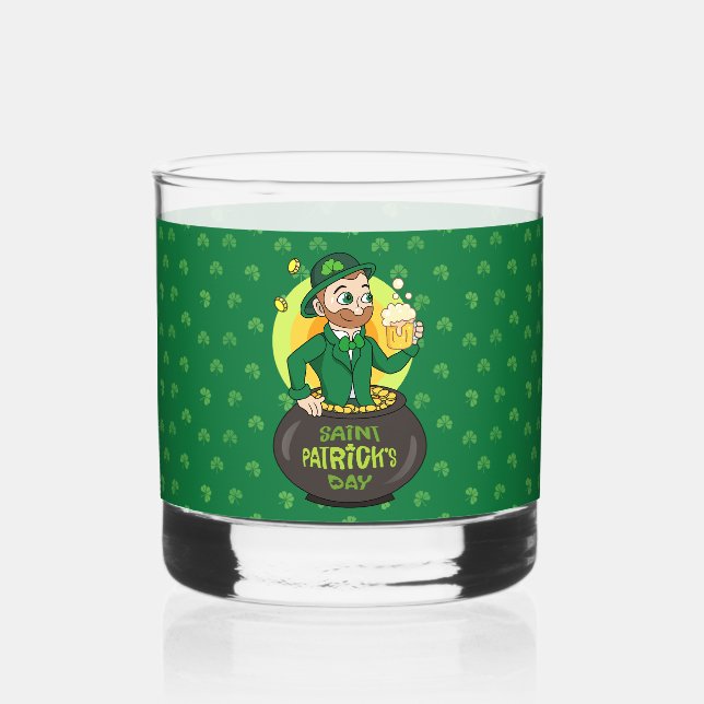 Cartoon leprechaun in einem Topf mit einem Pint Whiskyglas (Vorderseite)