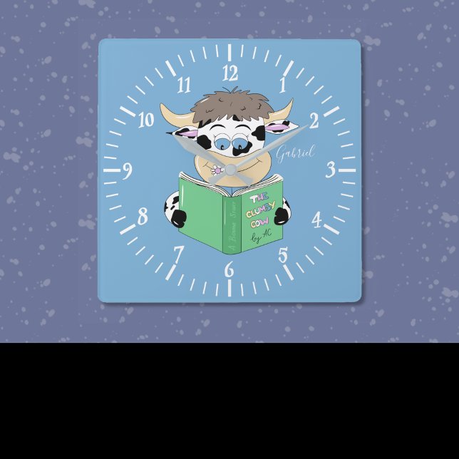 Cartoon Lesen der Kuh Boy Blue Square Wall Uhr (Cartoon reading cow blue square wall clock . )