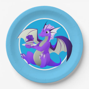 Cartoon Lila Dragon mit Cake Blue Paper Teller
