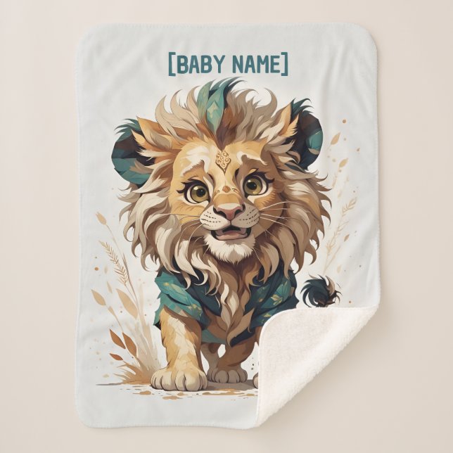 Cartoon Little Lion Beige Türkis Personalisiert Sherpadecke (Vorderseite)
