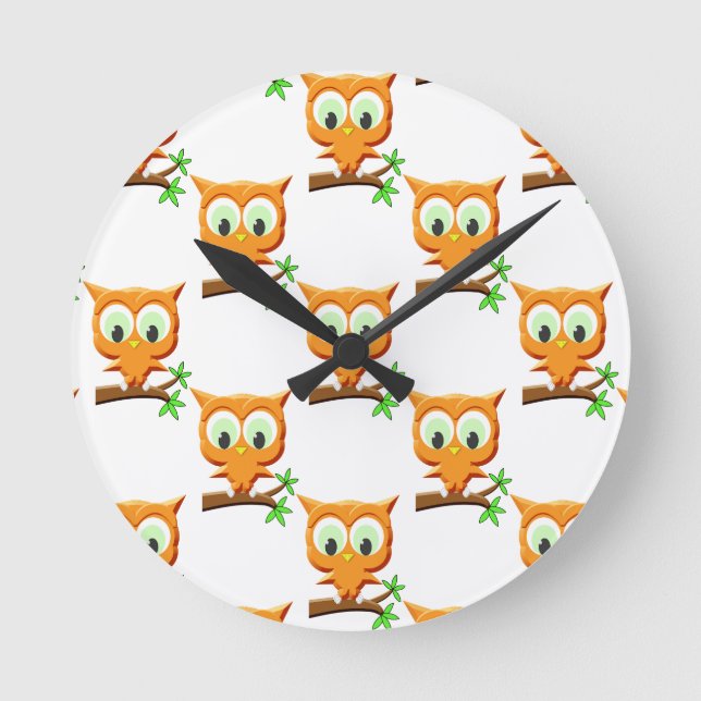 Cartoon-Little-Owl auf Zweifelsmuster Runde Wanduhr (Vorderseite)