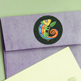 Cartoon Lizard Holding Leaf Vibranntfarben Dots Runder Aufkleber