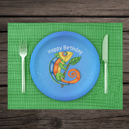 Cartoon Lizard Leaf Birthday Pappteller