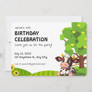 Cartoon Lola cow birthday invitation for kids. Mitteilungskarte