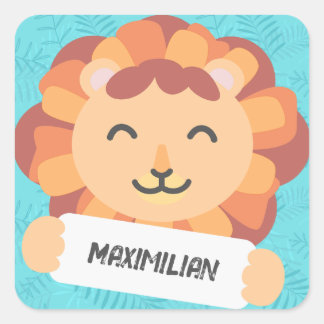 Cartoon Löwe mit Namensschild - blau Quadratischer Aufkleber