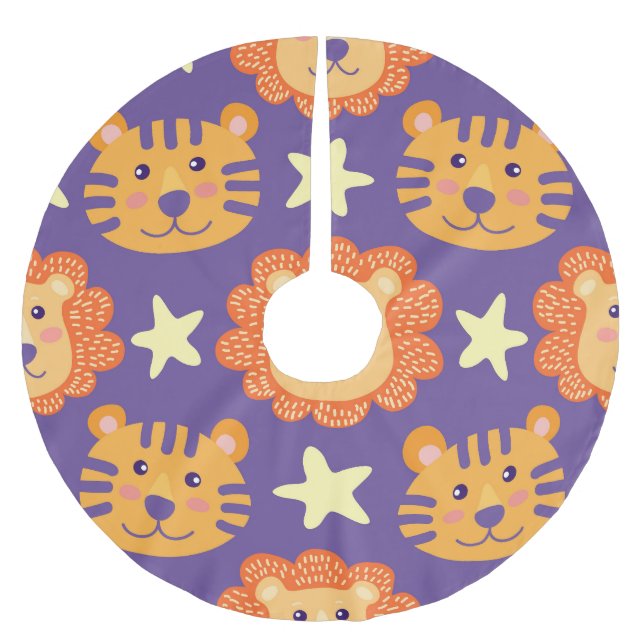 Cartoon Löwen & Tiger: Vintag Polyester Weihnachtsbaumdecke (Vorderseite)