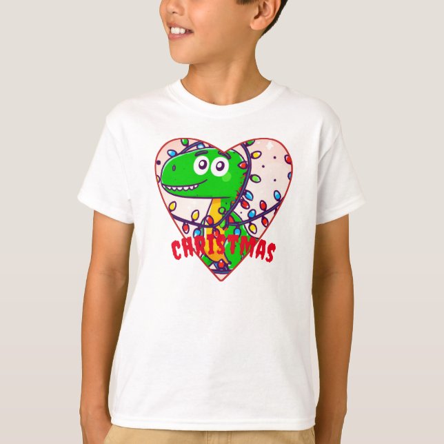 Cartoon lustiger Dinosaurier in Weihnachtsbeleucht T-Shirt (Vorderseite)