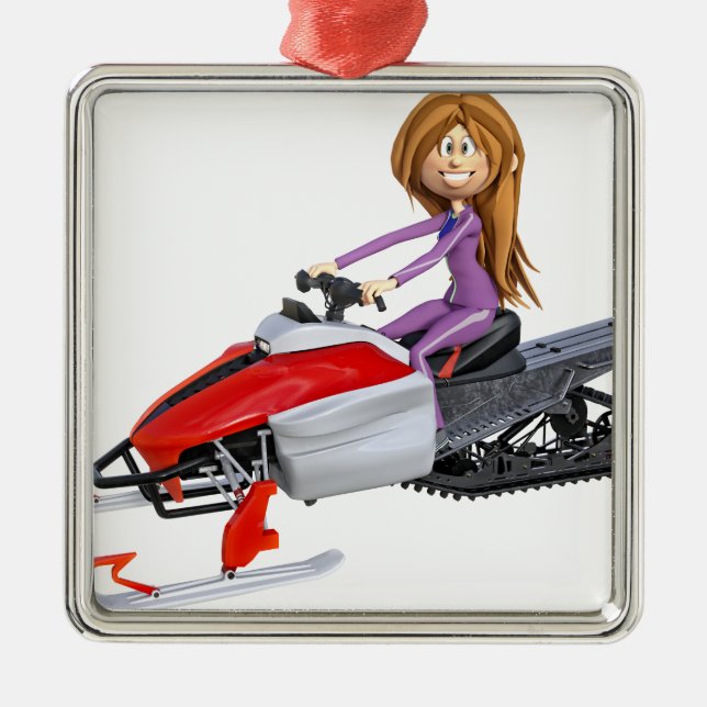 Cartoon-Mädchen auf einem Snowmobile Silbernes Ornament (Vorne)