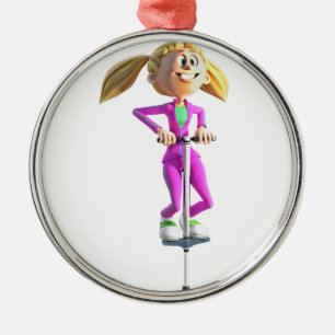 Cartoon-Mädchen, das einen Pogo Stock reitet Silbernes Ornament