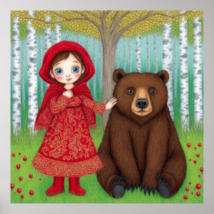 🌲 Cartoon Mädchen und Bär Wald Wandbild für Kinde Poster