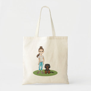 Cartoon Mädchen und Black and Tan Cavalier King Ch Tragetasche