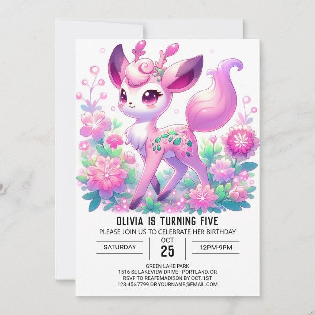 Cartoon Magical Deer Digital Geburtstag Einladung (Vorderseite)