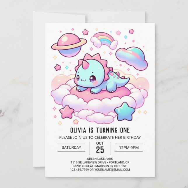 Cartoon Magical Dinosaur 1. Geburtstag Einladung (Vorderseite)