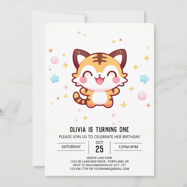 Cartoon Magical Tiger 1. Geburtstag Einladung (Vorderseite)