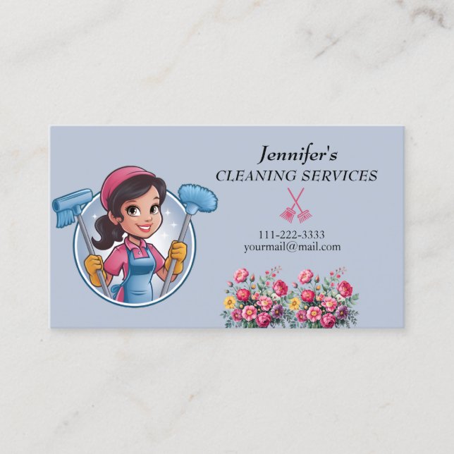 Cartoon Maid House Clearing Services Business Card Visitenkarte (Vorderseite)
