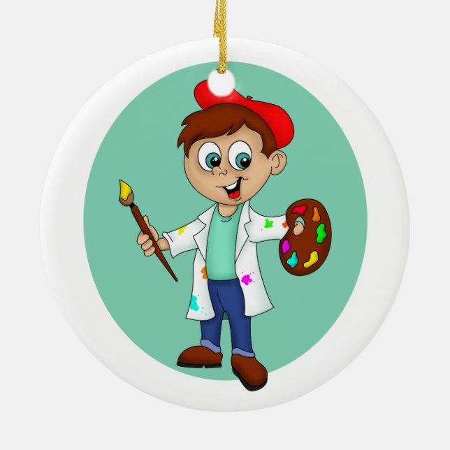 Cartoon Malerkünstler mit Pinsel und Palette Keramik Ornament (Hinten)