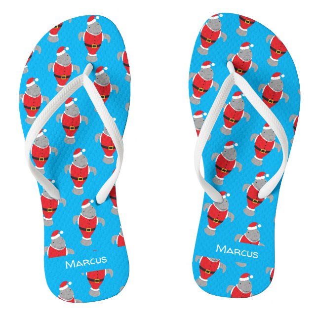 Cartoon Manatee in Santa Outfit Neuheit Name Flip Flops (Fußbett)