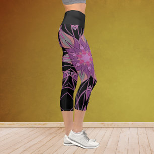 Cartoon Mandala Blume Black Lila und rosa Capri Leggings