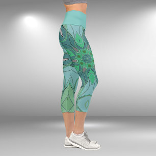 Cartoon Mandala Blume Blau und Grün Capri Leggings