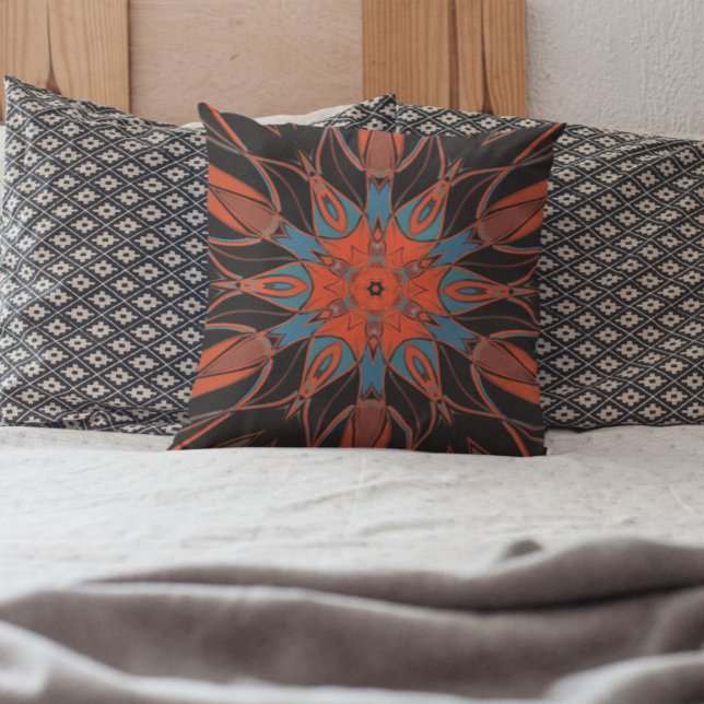 Cartoon Mandala Blume Blue Orange und Black Kissen (Von Creator hochgeladen)