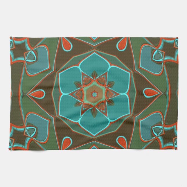 Cartoon Mandala Blume Blue und Orange Geschirrtuch (Horizontal)