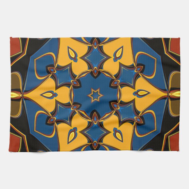 Cartoon Mandala Blume Gelb Blau und Orange Geschirrtuch (Horizontal)