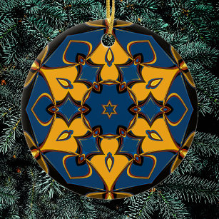 Cartoon Mandala Blume Gelb Blau und Orange Keramik Ornament