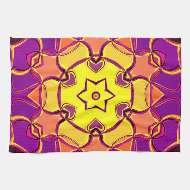 Cartoon Mandala Blume Gelb Orange und Rosa Geschirrtuch (Horizontal)