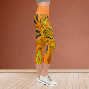 Cartoon Mandala Blume Gelb- und Blautönen Capri Leggings
