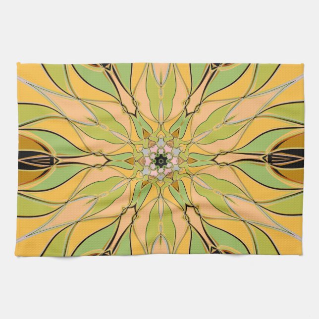 Cartoon Mandala Blume Gelb und Orange Geschirrtuch (Horizontal)