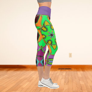 Cartoon Mandala Blume Green Orange und Lila Capri Leggings